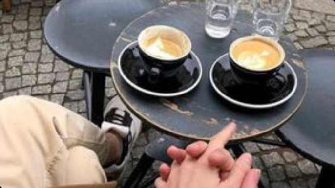 An outdoor café table with two cups of coffee on it. In the foreground, we see the hands and legs of two people who are sitting by the table, holding hands.