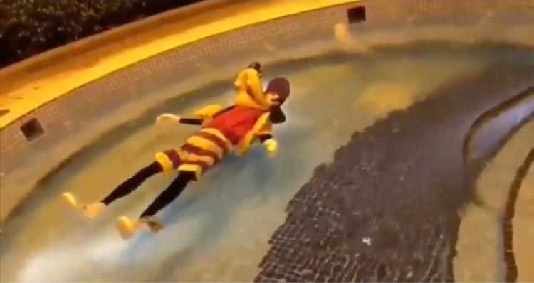 A Goofy mascot floating in a fountain or pool