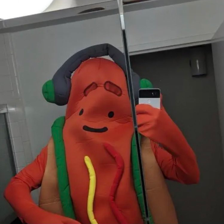 A selfie of a person in a cheap-looking hot dog costume