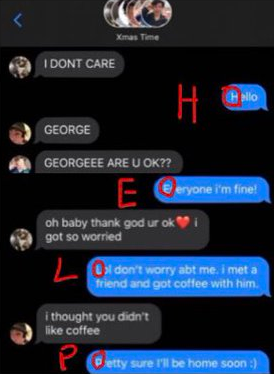 The conversation from earlier, where George first said he was fine and with a friend. The first letter of each message is circled. They spell out “HELP”.